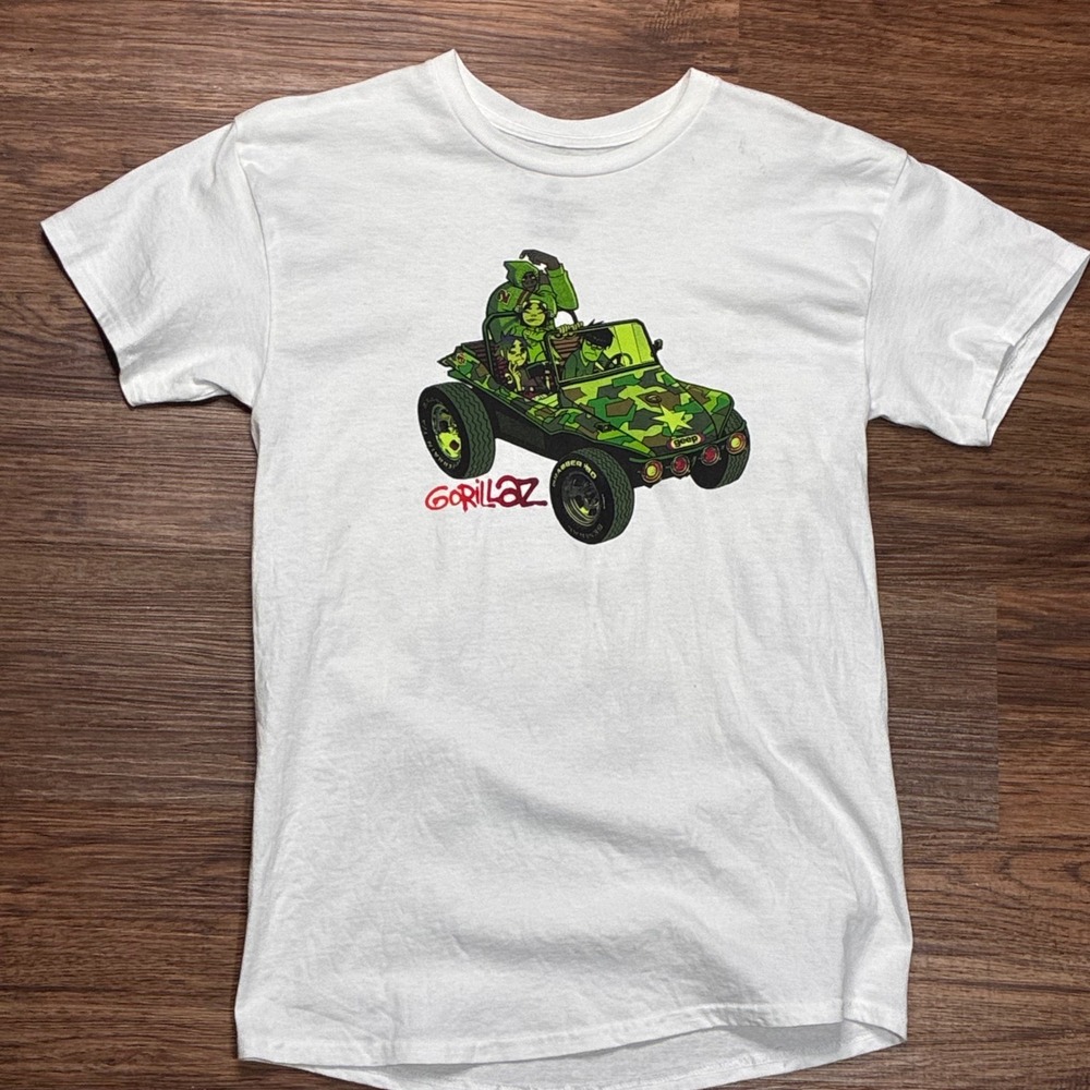 Gorillaz Camo Jeep Band Graphic T-Shirt Men's M White Green Cartoon Tee